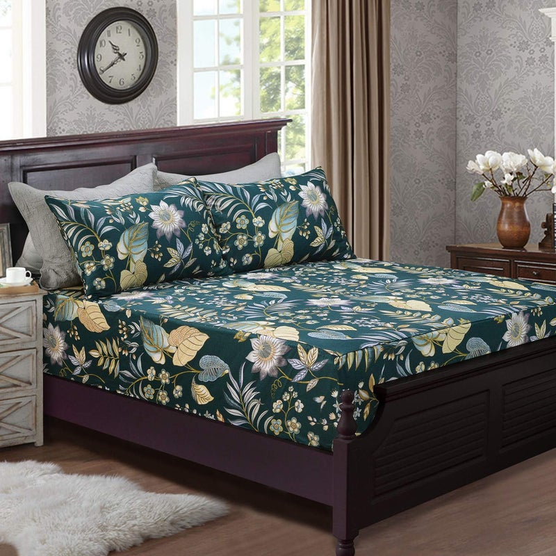 FADFAY Sheets Set King Teal Elegant Floral Bedding Tropical Plam Leave Sunflower Bedding 800 Thread Count Luxury Summer Sheets 100% Egyptian Cotton Deep Pocket Bed Sheets Set, 4 Pieces-King Size - Image 3